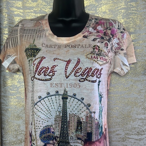 Banana Expression Las Vegas Print Embellished Short Sleeve Tee Size L - Picture 4 of 12